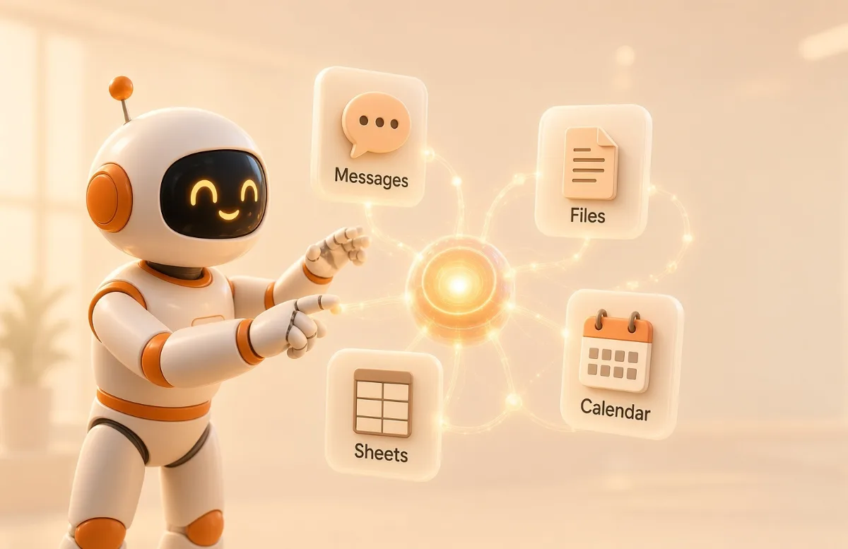 A robot connecting messages, files, spreadsheets and calendars together.